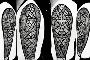 Stained Glass Window Back Tattoo with Three Christian Cross full circle With Sacred Geometry in Background tattoo idea