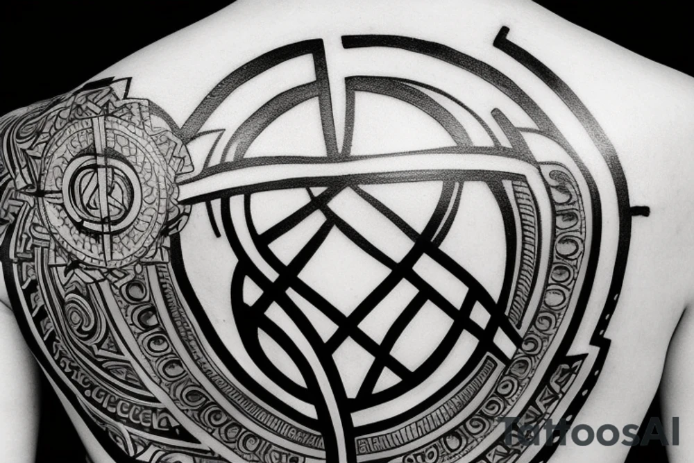 Back Tattoo with Three Christian Cross full circle With Sacred Geometry in Background tattoo idea