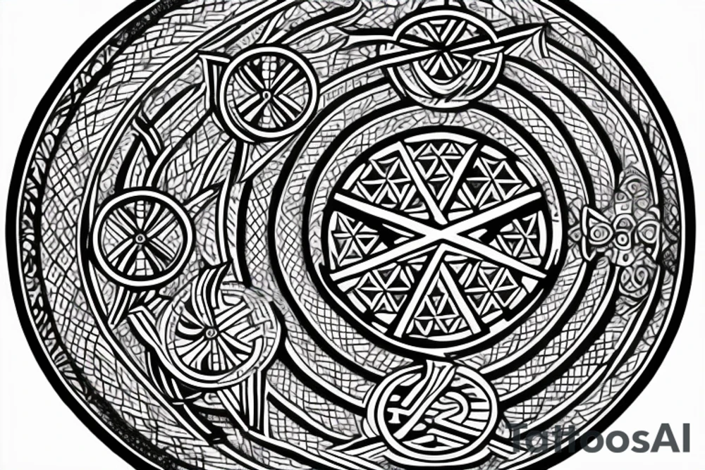 Back Tattoo with Three Christian Cross full circle With Sacred Geometry in Background tattoo idea