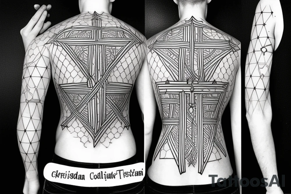 Three Christian Crosses Thin Lines with Sacred Geometry Background back tattoo tattoo idea Three Christian Crosses Thin Lines with Sacred Geometry Background back tattoo tattoo idea
