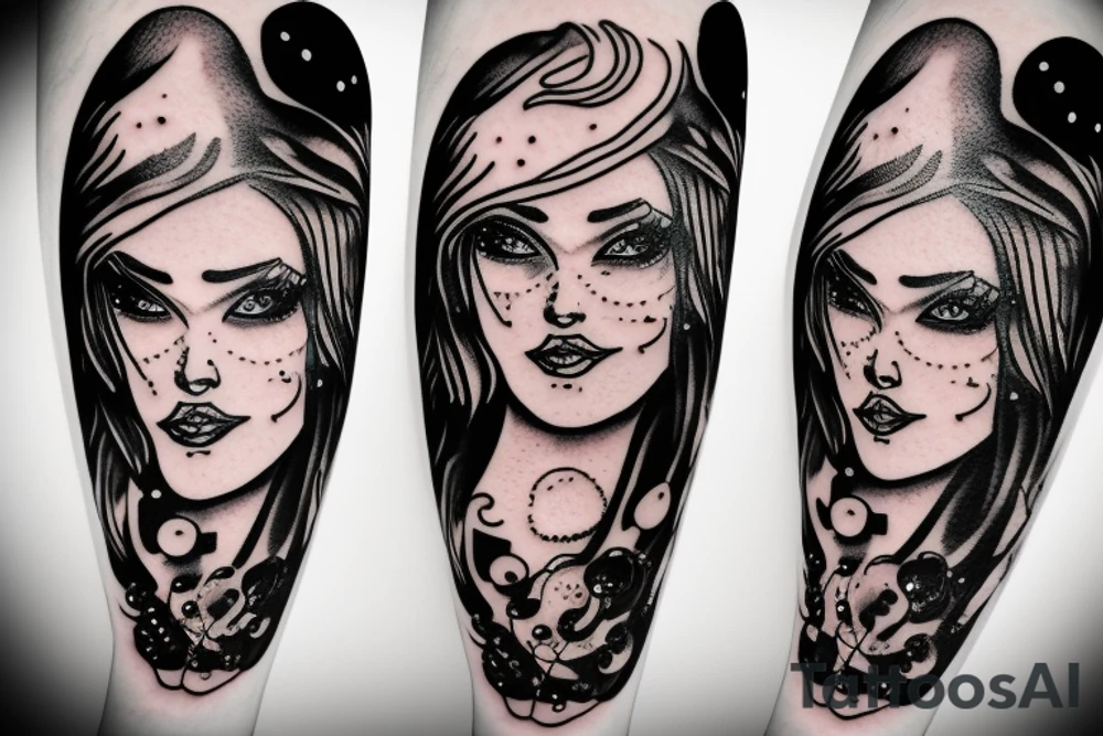 Beautiful witch with bubbles tattoo idea