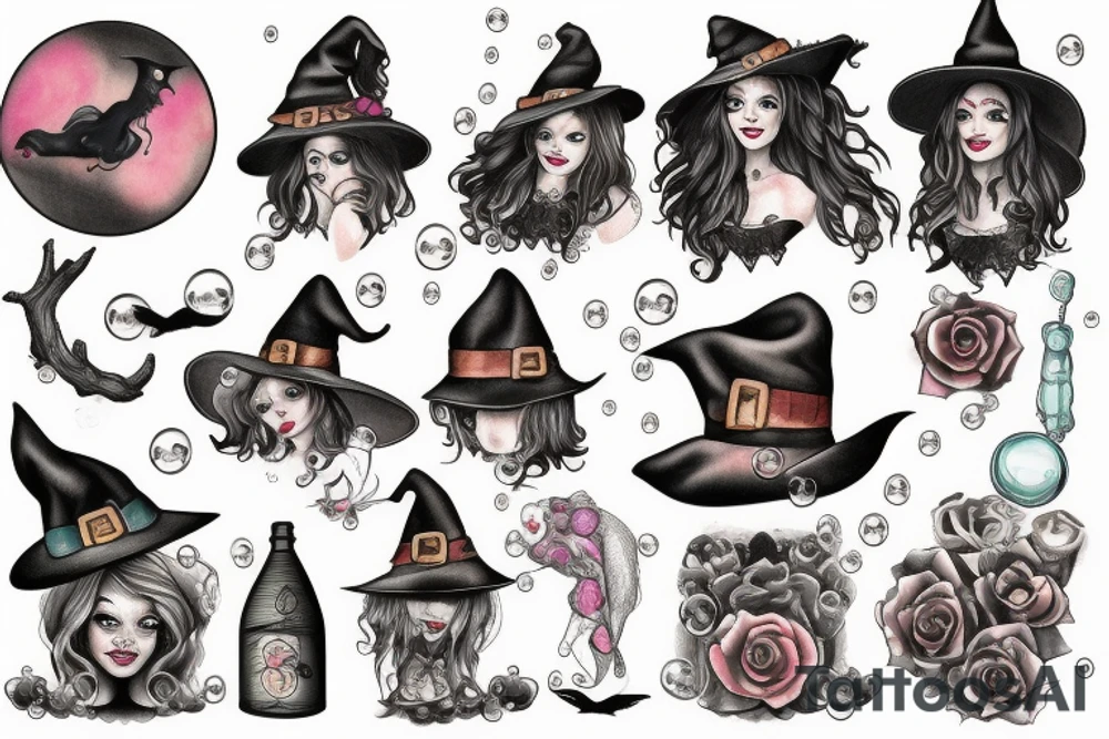 Beautiful witch with bubbles tattoo idea