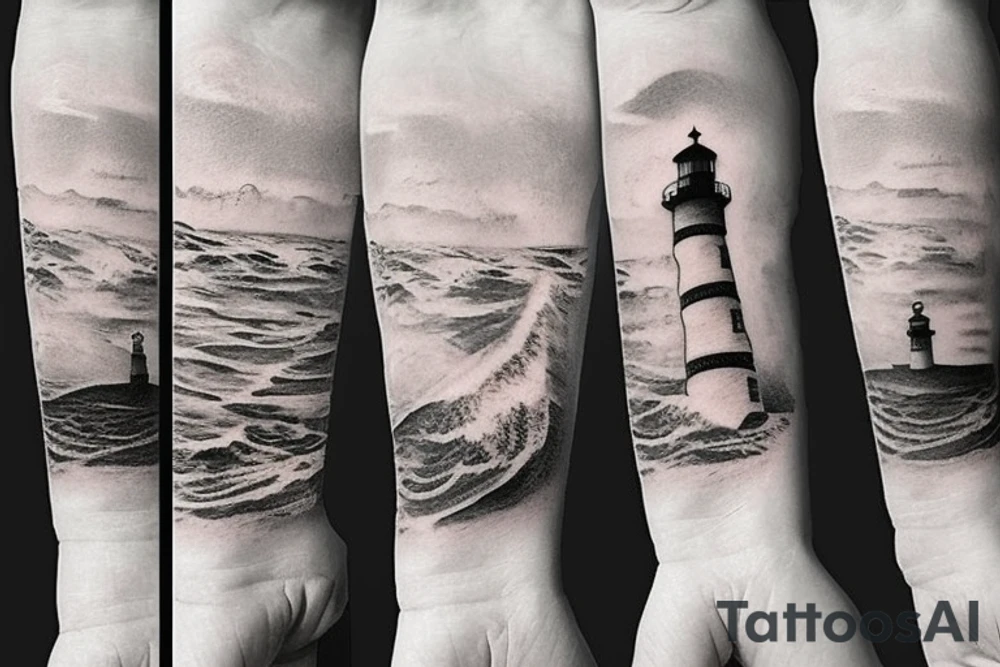 a lighthouse by the beach, with shells on the sand tattoo idea a lighthouse by the beach, with shells on the sand tattoo idea