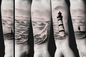 a lighthouse by the beach, with shells on the sand tattoo idea