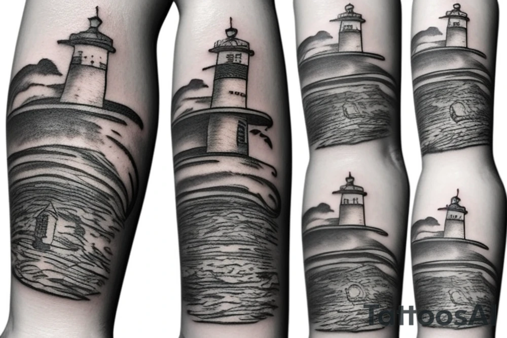 a lighthouse by the beach, with shells on the sand tattoo idea a lighthouse by the beach, with shells on the sand tattoo idea