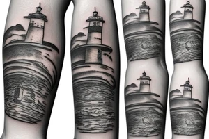 a lighthouse by the beach, with shells on the sand tattoo idea