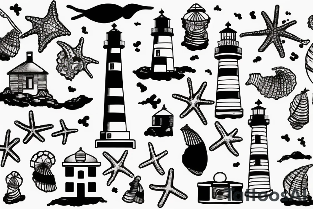 a lighthouse by the beach, with shells on the sand tattoo idea