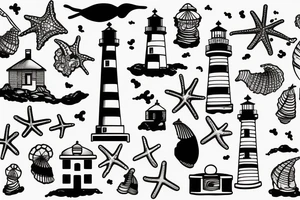 a lighthouse by the beach, with shells on the sand tattoo idea