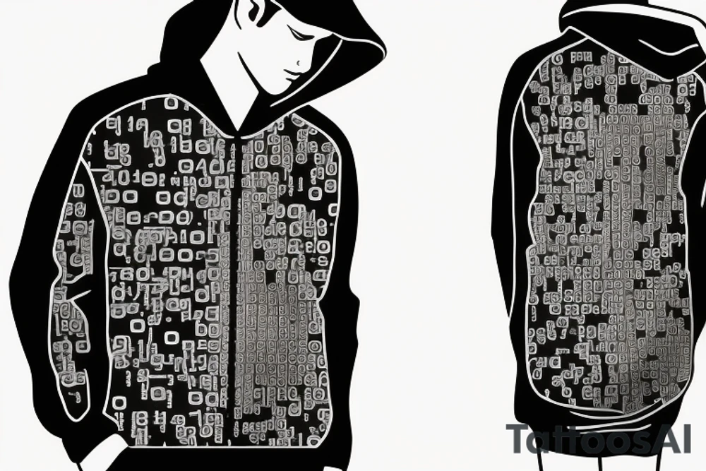 computer hacker in hoodie with binary code streams waving behind focus tattoo idea