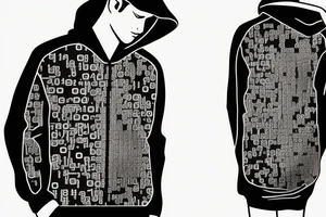 computer hacker in hoodie with binary code streams waving behind focus tattoo idea