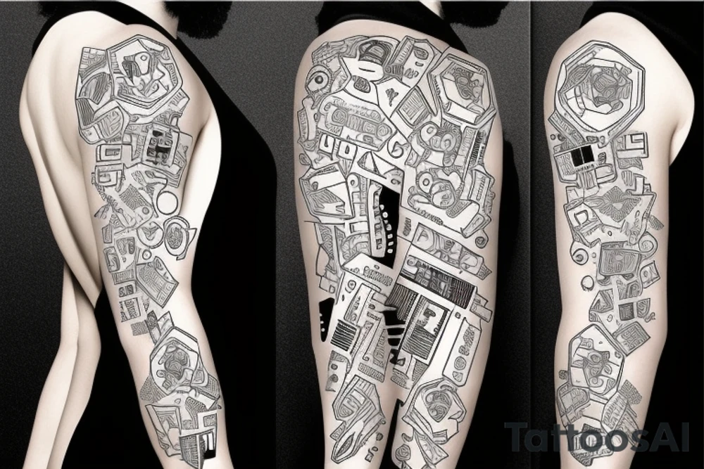 computer nerd full-sleeve binary stream background tattoo idea
