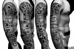 computer nerd full-sleeve binary stream background, computer code tattoo idea