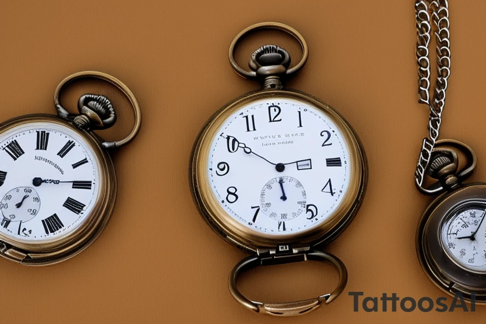 3 pocket watches with my children’s date of birth and time of birth on them. First one saying Jayden 22/08/10 time showing 12:17. Second one saying Sophie 02/06/13 time showing 3:02. Third one saying Oliver 30/07/13 showing 11:15. tattoo idea