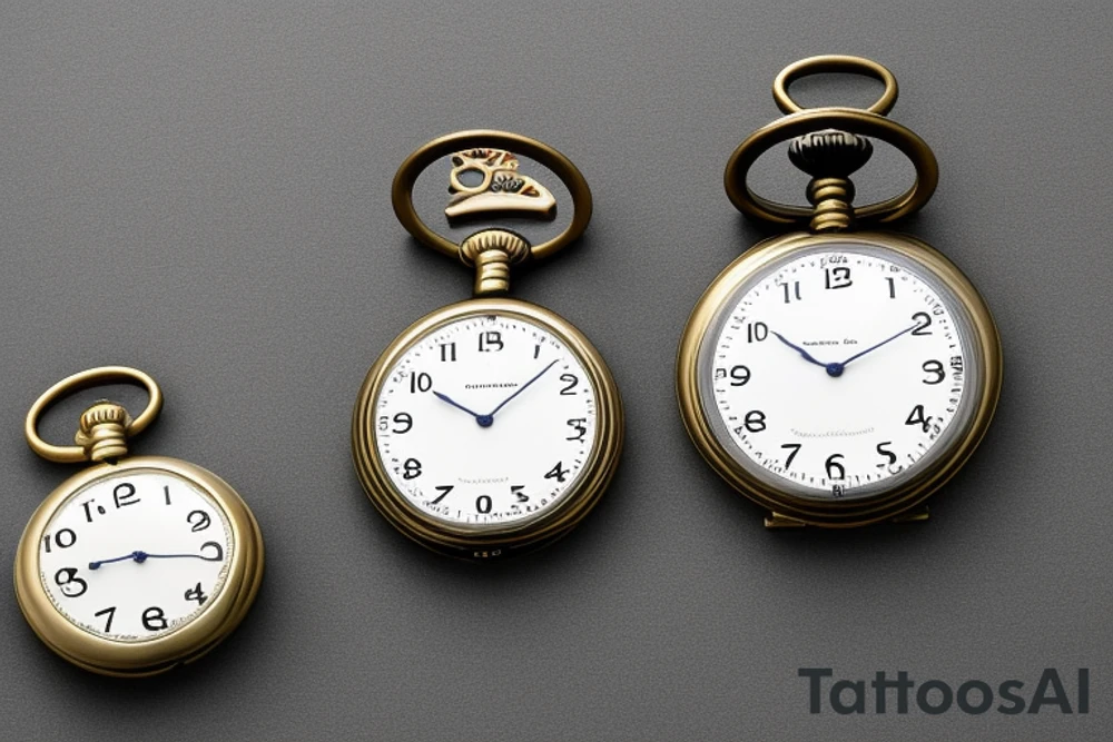 3 pocket watches with my children’s date of birth and time of birth on them. First one saying Jayden 22/08/10 time showing 12:17. Second one saying Sophie 02/06/13 time showing 3:02. Third one saying Oliver 30/07/13 showing 11:15. tattoo idea