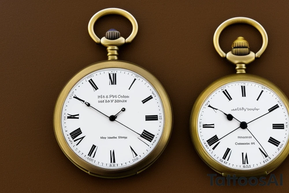 3 pocket watches with my children’s date of birth and time of birth on them. First one saying Jayden 22/08/10 time showing 12:17. Second one saying Sophie 02/06/13 time showing 3:02. Third one saying Oliver 30/07/13 showing 11:15. tattoo idea