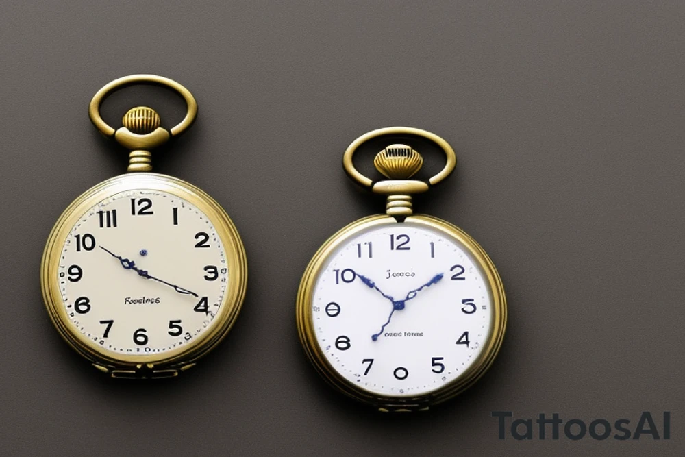 3 pocket watches with my children’s date of birth and time of birth on them. First one saying Jayden 22/08/10 time showing 12:17. Second one saying Sophie 02/06/13 time showing 3:02. Third one saying Oliver 30/07/13 showing 11:15. tattoo idea