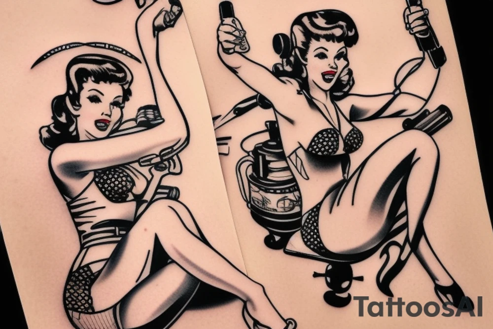 A pin up sitting on a helicopter tattoo idea