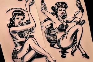 A pin up sitting on a helicopter tattoo idea