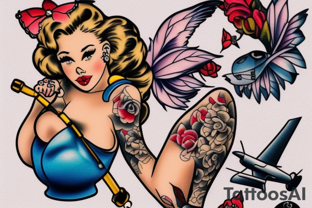 A pin up sitting on a helicopter tattoo idea