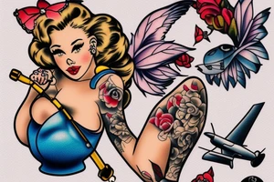 A pin up sitting on a helicopter tattoo idea