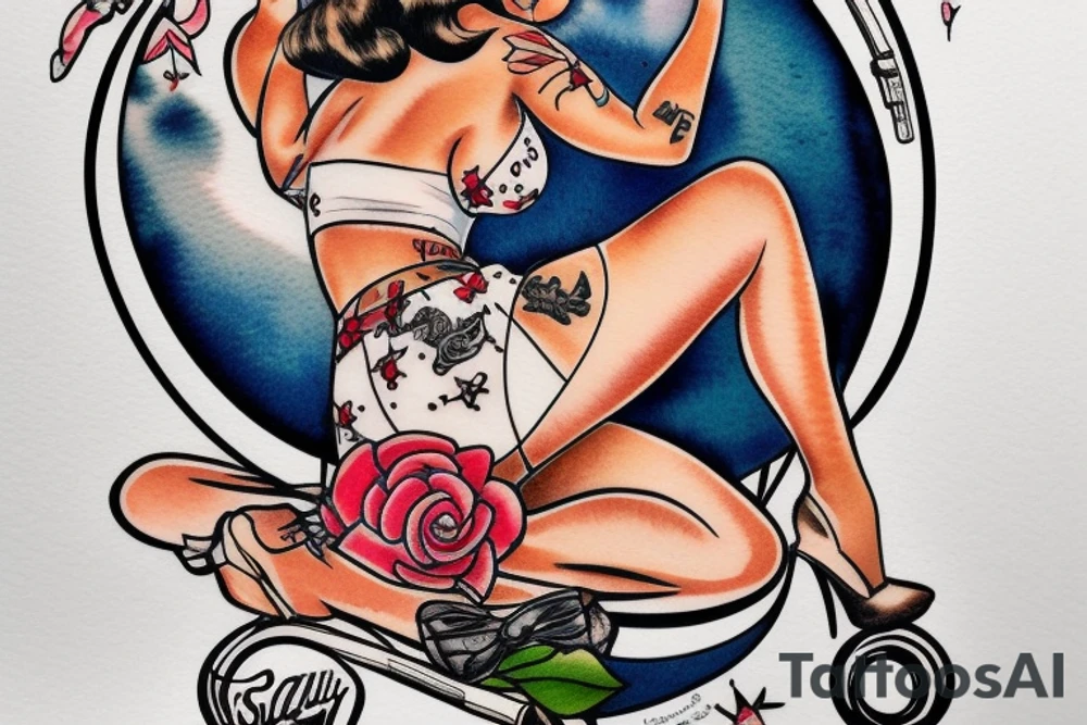 A pin up sitting on a helicopter tattoo idea