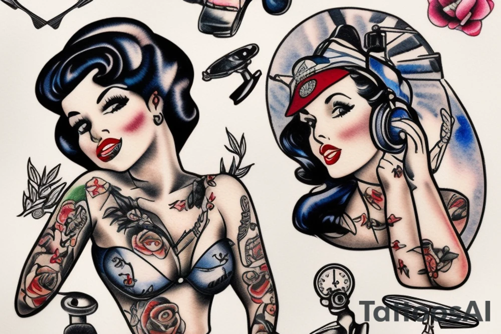 A pin up sitting on a helicopter tattoo idea