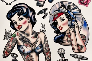 A pin up sitting on a helicopter tattoo idea