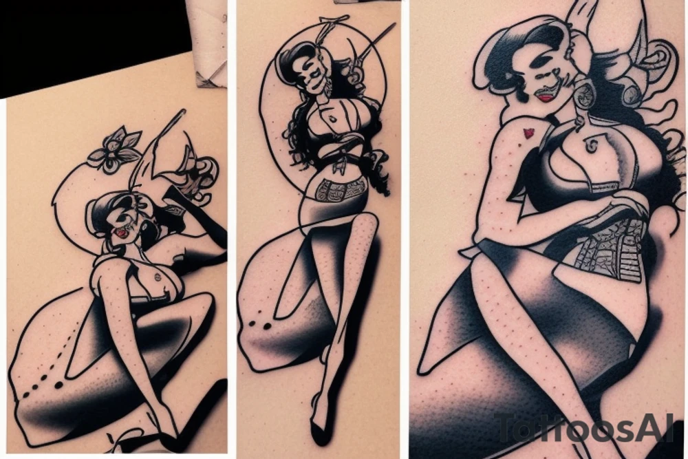 A pin up sitting on a helicopter tattoo idea