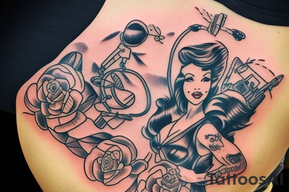 A pin up sitting on a helicopter tattoo idea