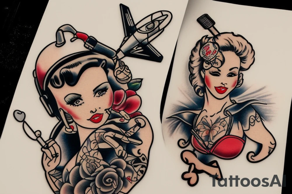 A pin up sitting on a helicopter tattoo idea