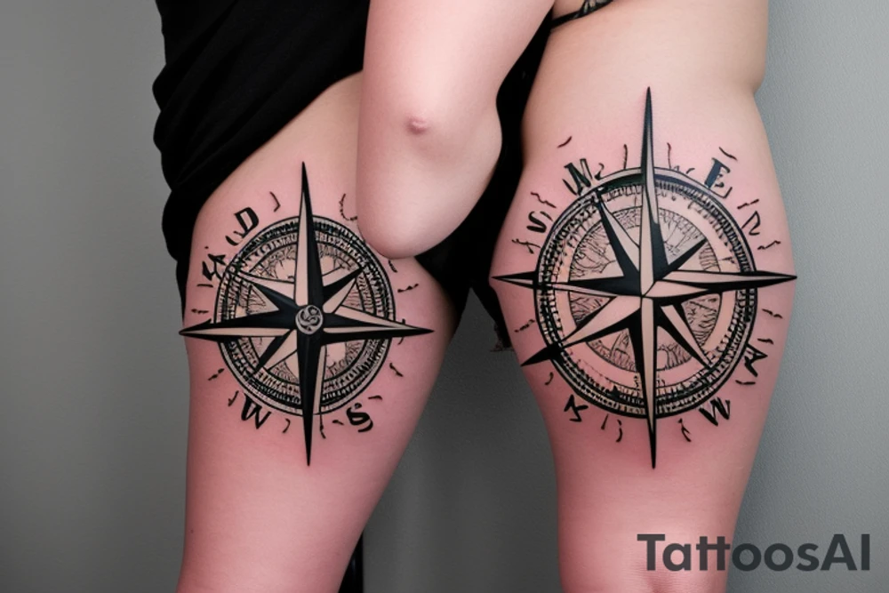 Pin-up model sitting on a compass rose tattoo idea