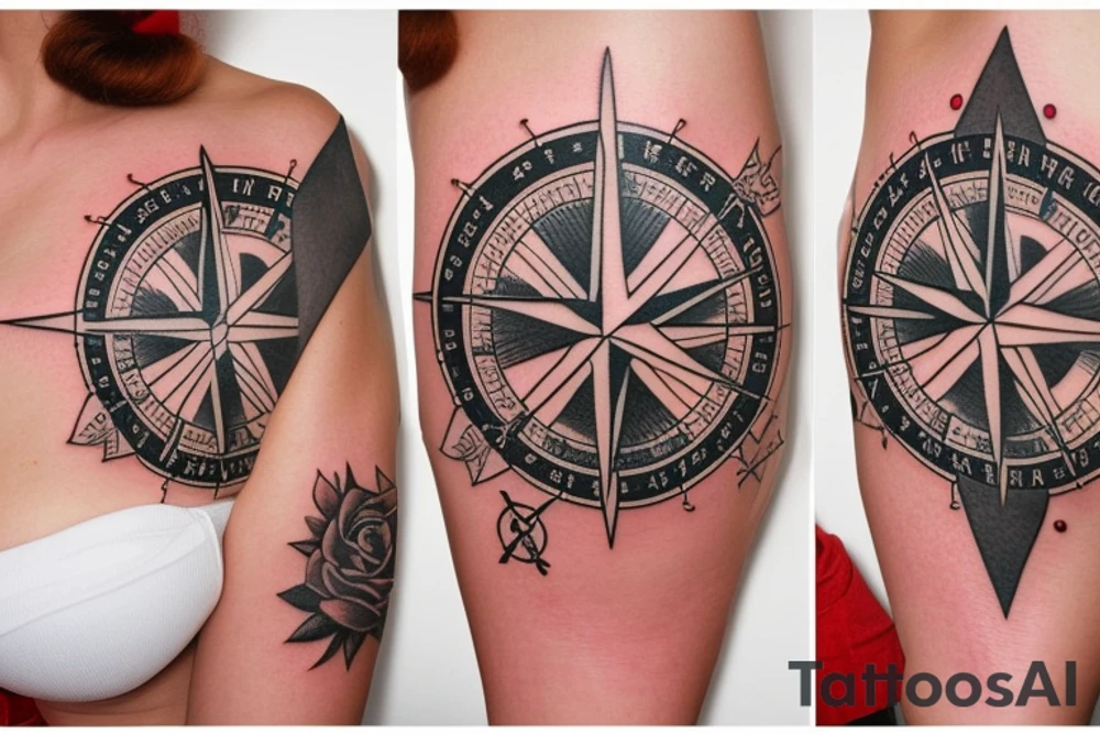 Pin-up model sitting on a compass rose tattoo idea