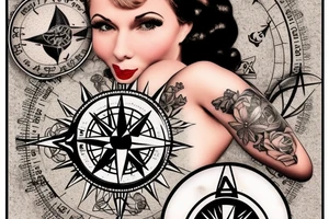 Pin-up model sitting on a compass rose tattoo idea