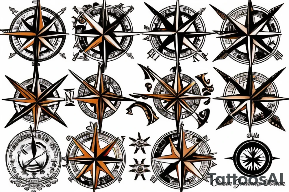 Vivid color Steam punk compass rose tattoo idea