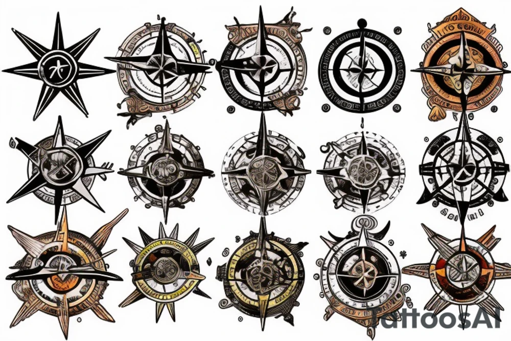 Vivid color Steam punk compass rose tattoo idea