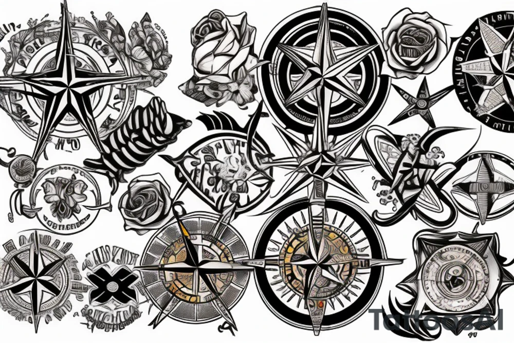 Vivid color compass rose tattoo idea