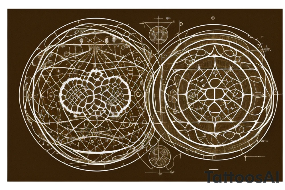 At its core, the framework of the design embraces the profound beauty of the Fibonacci sequence and the Tree of Life, creating a mesmerizing visual representation of growth, balance, and interconnectedness.

Nestled within this intricate framework, the astrology symbol for Cancer, a celestial constellation portraying the Cancer zodiac sign is delicately etched into the framework, incorporate the sequence of angel numbers 222, 333, 444, and 555. the yin yang symbol, derived from ancient Chinese philosophy,  Include this in the design tattoo idea