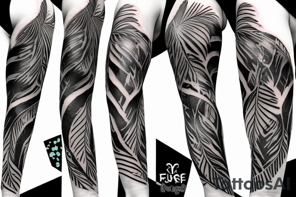 jungle sleeve with furious female amazon feathers tattoo idea