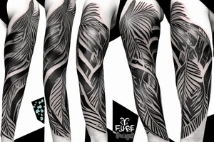 jungle sleeve with furious female amazon feathers tattoo idea
