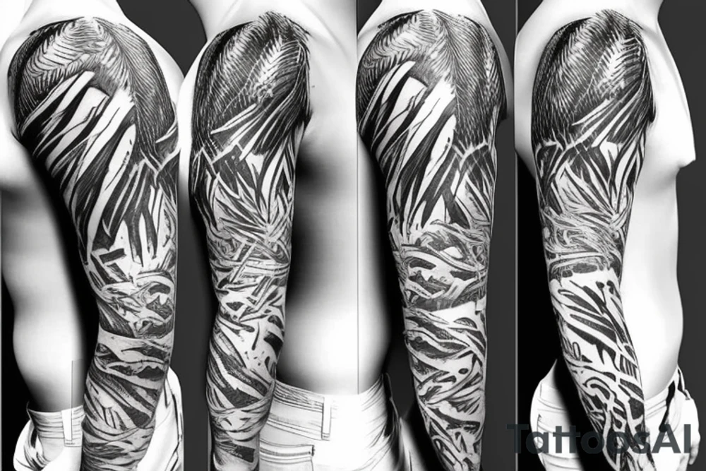 jungle sleeve with furious female amazon feathers tattoo idea