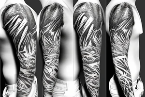 jungle sleeve with furious female amazon feathers tattoo idea
