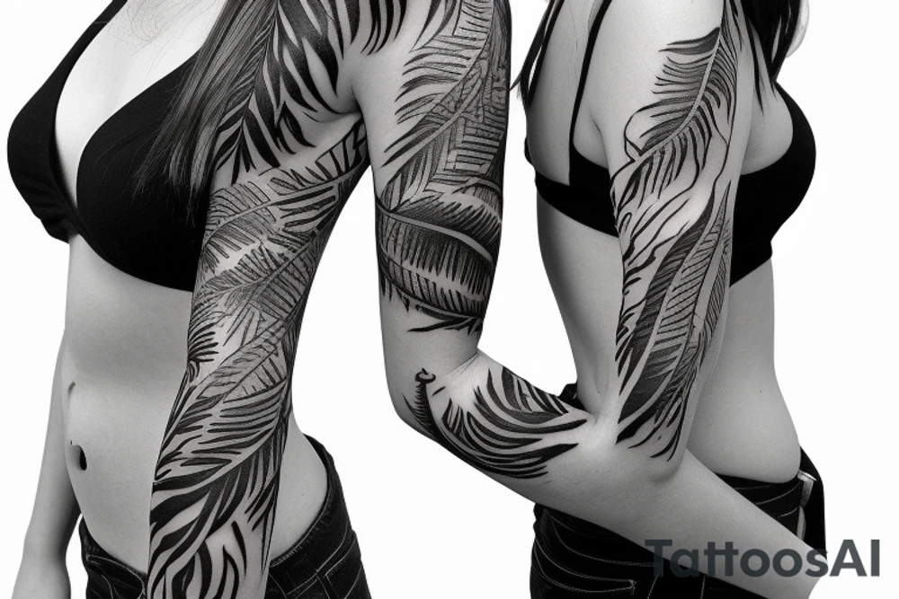 jungle sleeve with furious female amazon feathers tattoo idea jungle sleeve with furious female amazon feathers tattoo idea