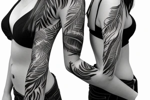 jungle sleeve with furious female amazon feathers tattoo idea