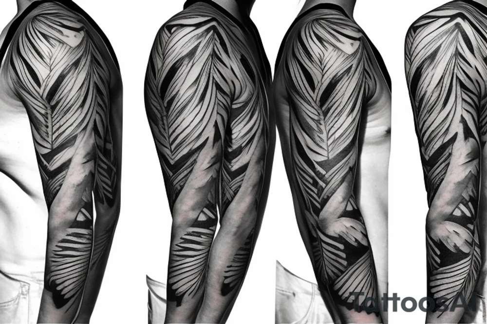 jungle sleeve with furious female amazon feathers tattoo idea