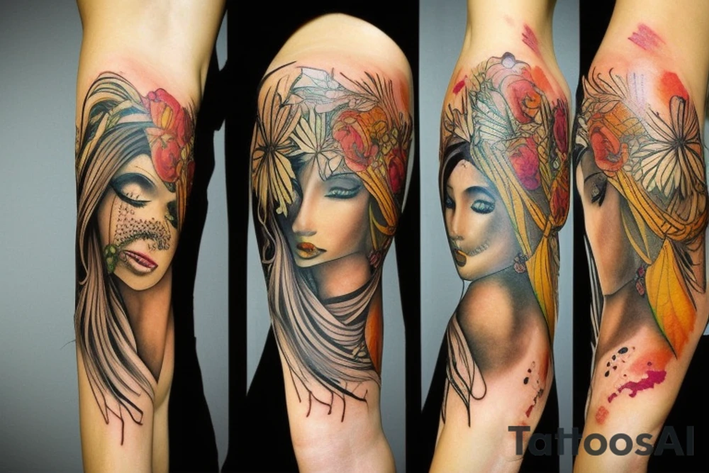 female amazon queen  jungle sleeve tattoo tattoo idea