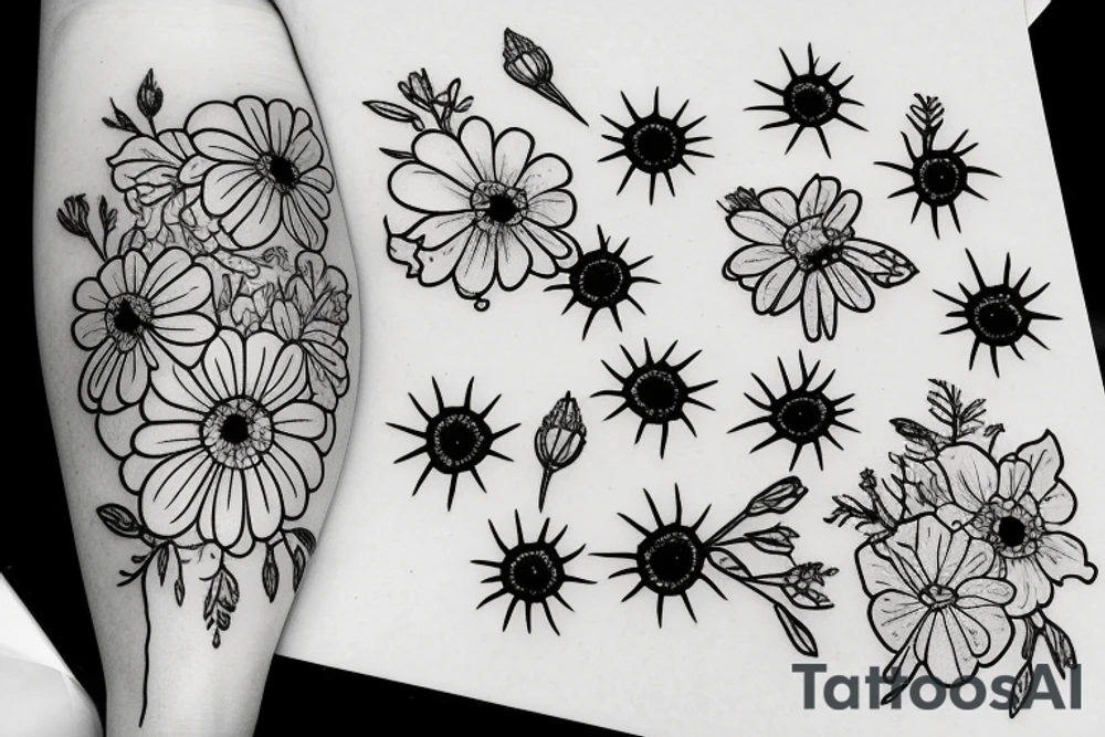 amethyst, primroses, dead aster flowers tattoo idea