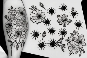 amethyst, primroses, dead aster flowers tattoo idea