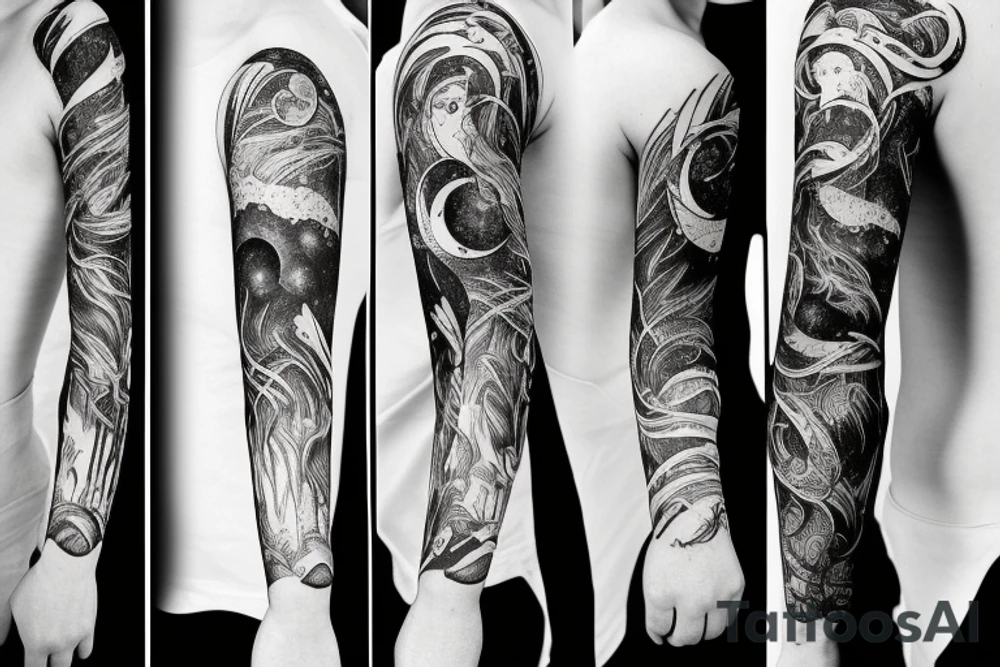 wood by night with full moon sleeve tattoo idea