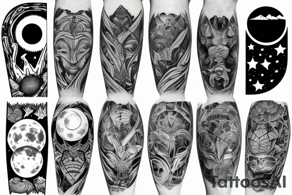 wood by night with full moon sleeve tattoo idea