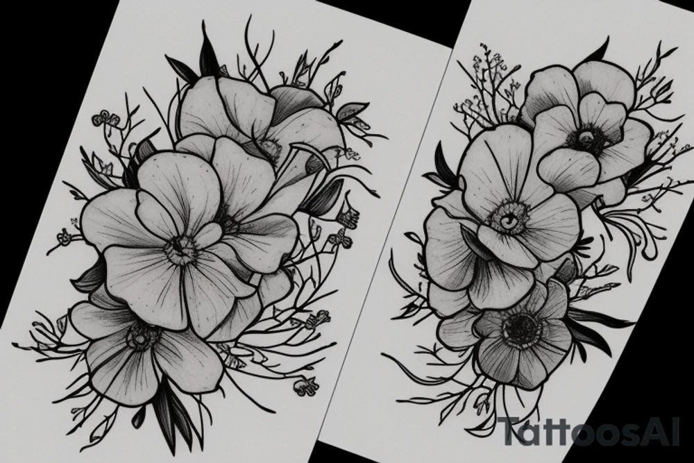amethyst, primroses, dead aster flowers tattoo idea